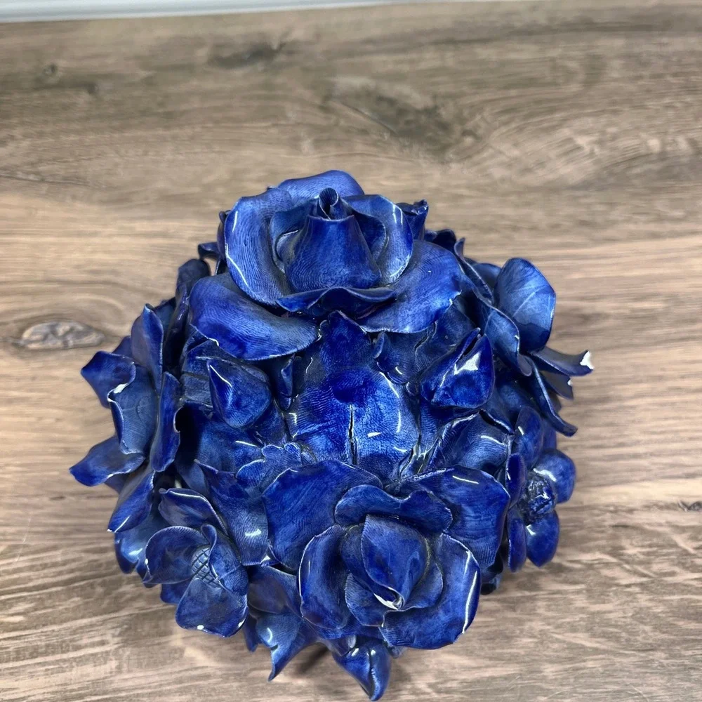 Italian Ceramic Floral Centerpiece Urn Blue White Roses Anemones Hand-Painted